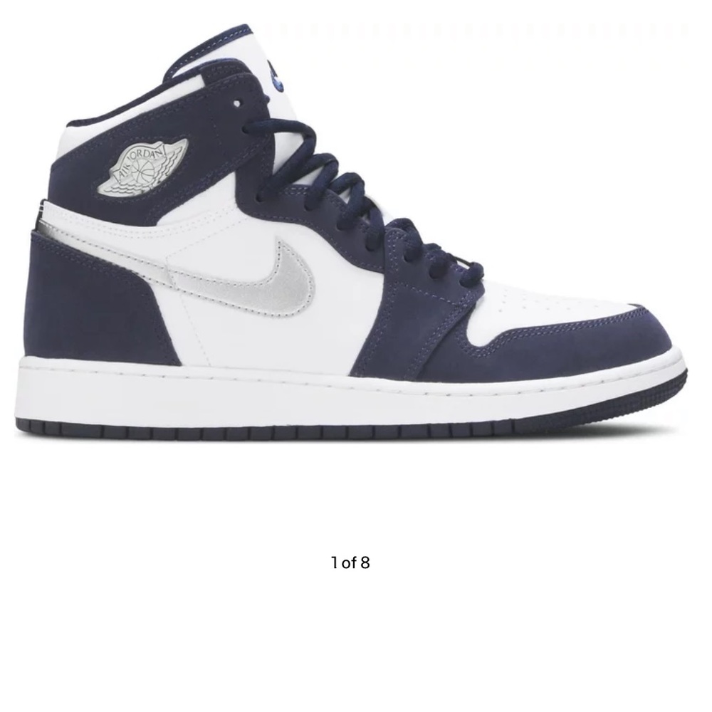Nike Jordan 1 Retro high OG white/midnight navy/metallic silver in size 2Youth